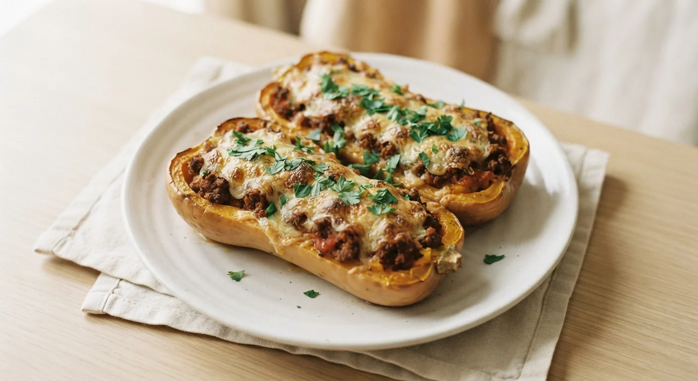 Baked Stuffed Butternut Squash with Minced Beef and Tomato Sugo