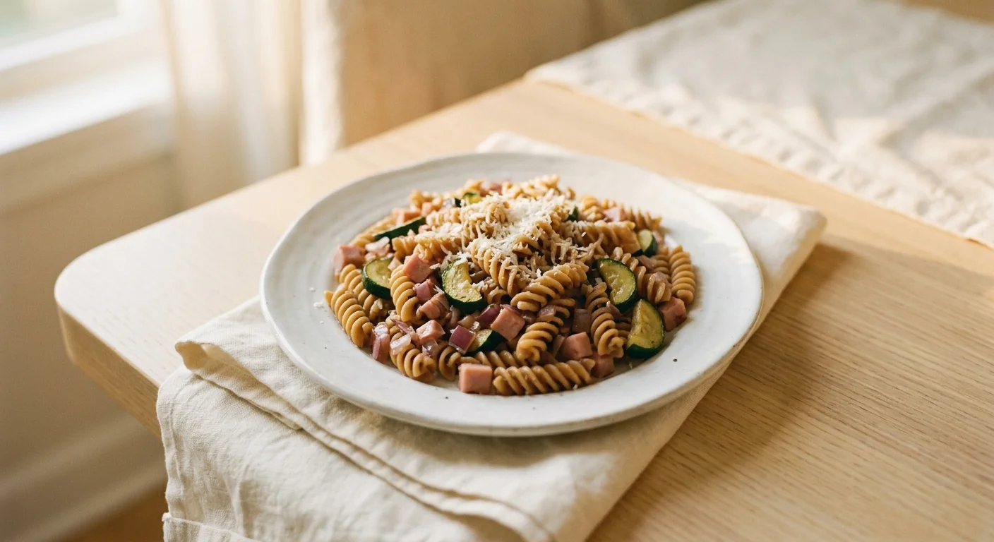 Fusilli with Ham, Zucchini, and Balsamic-Soy Sauce